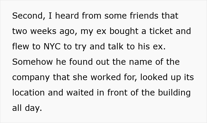 Text detailing an upset ex-boyfriend going to NYC to confront his ex-girlfriend about her marriage. Text detailing an upset ex-boyfriend going to NYC to confront his ex-girlfriend about her marriage.