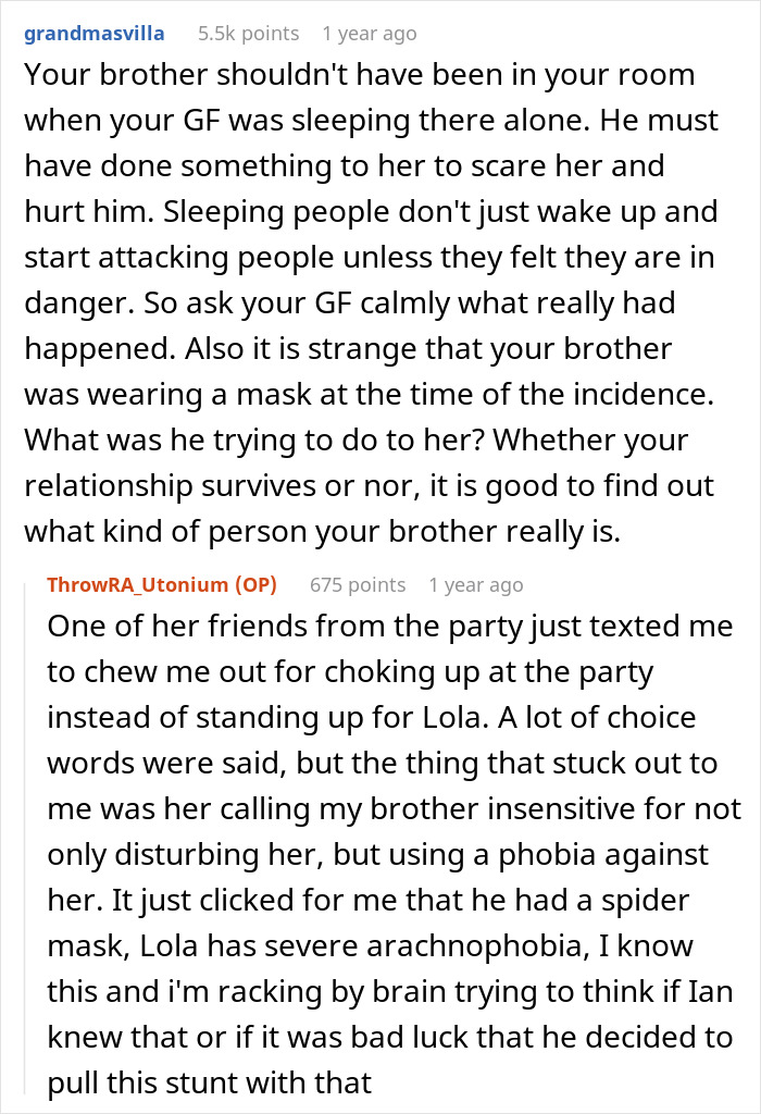 Text exchange discussing a man's brother pranking his girlfriend with a mask, causing family tension. Text exchange discussing a man's brother pranking his girlfriend with a mask, causing family tension.