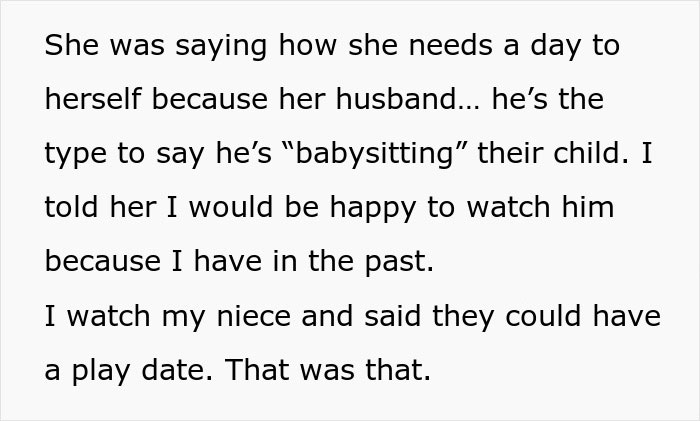 Text block highlighting babysitting miscommunication between in-laws. Text block highlighting babysitting miscommunication between in-laws.