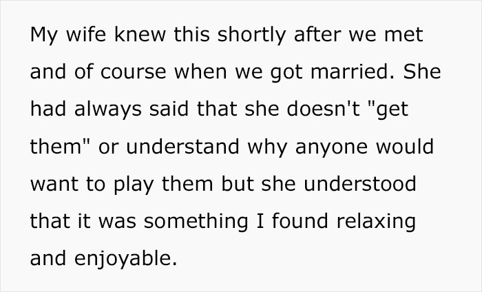Text expressing a wife's perception of video games as juvenile, highlighting a husband's enjoyment despite her views. Text expressing a wife's perception of video games as juvenile, highlighting a husband's enjoyment despite her views.