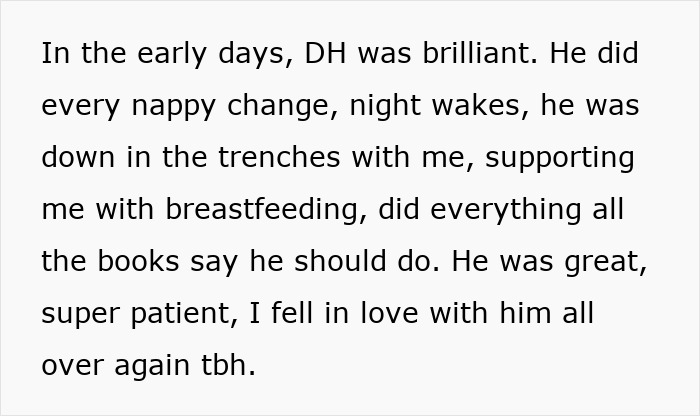 Text describing husband's involvement in early parenting, sharing responsibilities with new mom. Text describing husband's involvement in early parenting, sharing responsibilities with new mom.