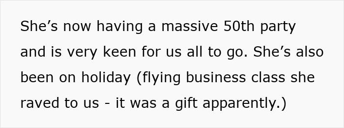 Text image discussing a woman's lavish 50th party and her business class holiday, raising concerns about financial grooming. Text image discussing a woman's lavish 50th party and her business class holiday, raising concerns about financial grooming.