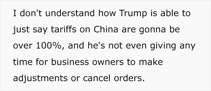 Text discussing new tariffs impacting small business owner's operations in the US. Text discussing new tariffs impacting small business owner's operations in the US.