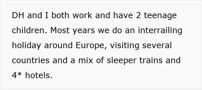Text describes a couple with a mortgage, discussing European holidays with children using trains and staying in hotels. Text describes a couple with a mortgage, discussing European holidays with children using trains and staying in hotels.