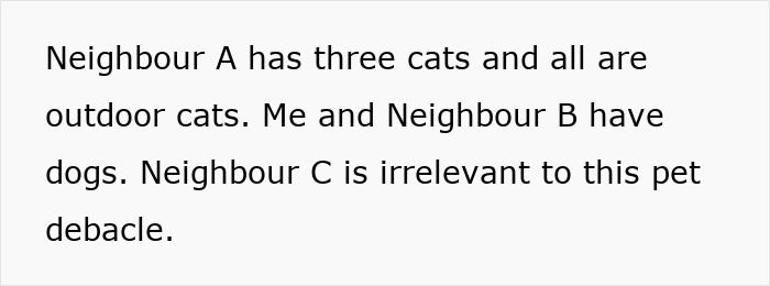 Text discussing neighbors' pets: neighbor A with outdoor cats, and neighbor B with dogs, detailing a pet-related dispute. Text discussing neighbors' pets: neighbor A with outdoor cats, and neighbor B with dogs, detailing a pet-related dispute.