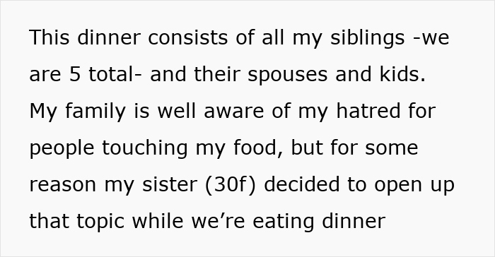 Text about a family dinner conflict over touching food, with sibling tensions highlighted. Text about a family dinner conflict over touching food, with sibling tensions highlighted.