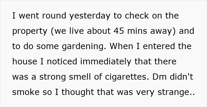 Text describing a woman discovering chaos in her late mom's house, including cigarette smells and unexpected damage. Text describing a woman discovering chaos in her late mom's house, including cigarette smells and unexpected damage.