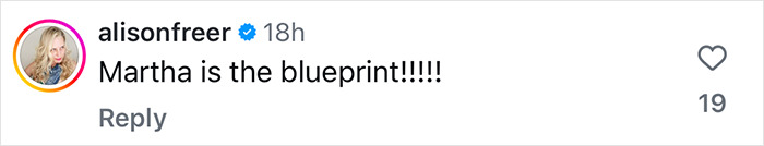 Instagram comment praising Martha Stewart's influence, mentioning "Martha is the blueprint" with 19 likes. Instagram comment praising Martha Stewart's influence, mentioning "Martha is the blueprint" with 19 likes.