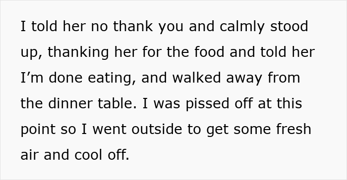 Text describing a family dinner conflict where a woman leaves because her food was touched. Text describing a family dinner conflict where a woman leaves because her food was touched.