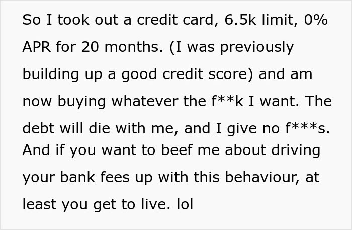Text about using a good credit score for a $6.5k limit card with 0% APR, spending freely, and reflecting on life choices. Text about using a good credit score for a $6.5k limit card with 0% APR, spending freely, and reflecting on life choices.