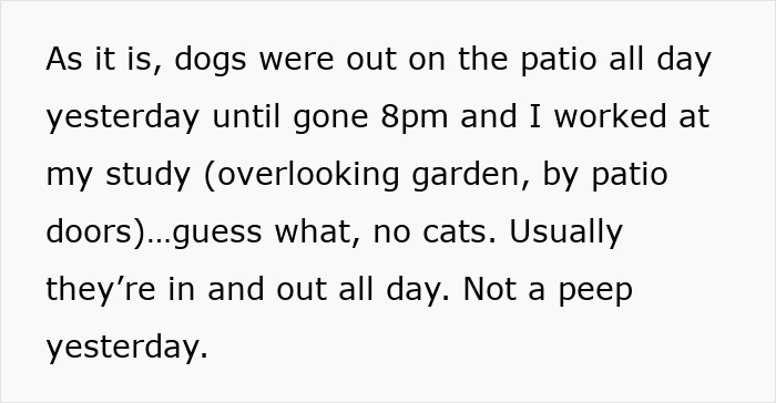 Text about dogs on patio and no presence of cats, focusing on neighbor dynamics. Text about dogs on patio and no presence of cats, focusing on neighbor dynamics.