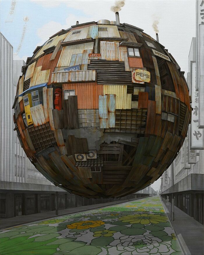 Surreal floating sphere constructed from scrap metal and wood panels representing post-apocalyptic urban cities.