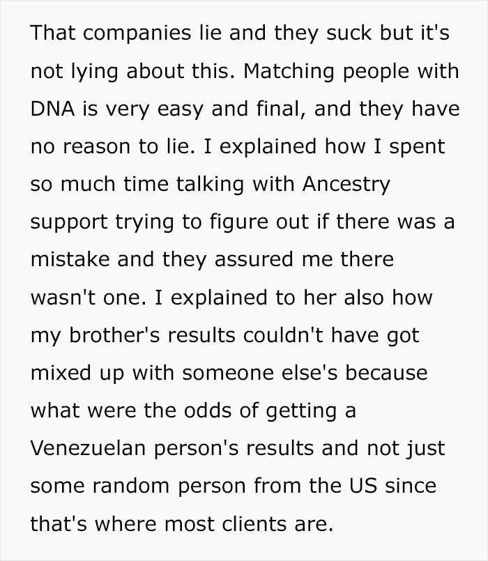 Text describing DNA results and customer questioning ancestry company accuracy. Text describing DNA results and customer questioning ancestry company accuracy.