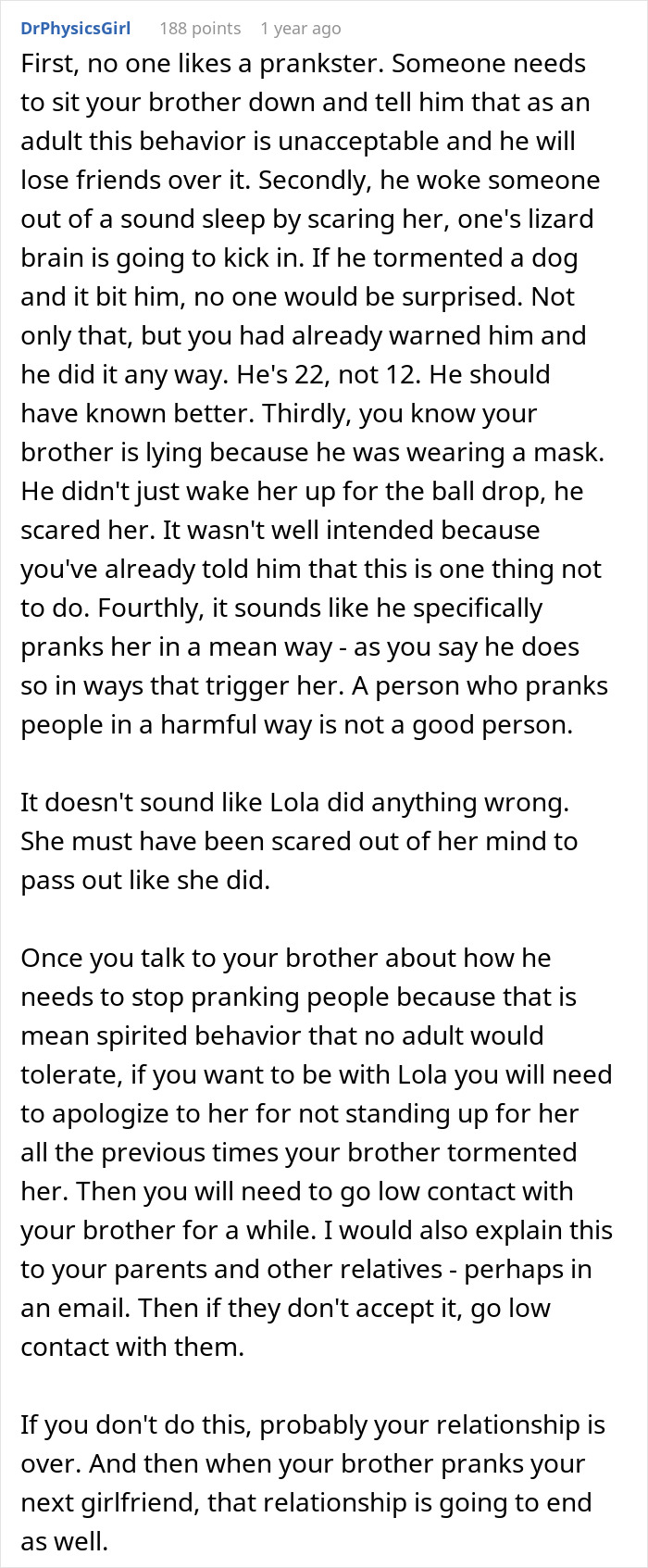 Reddit comment defending girlfriend after prank by brother, suggesting family conflict. Reddit comment defending girlfriend after prank by brother, suggesting family conflict.