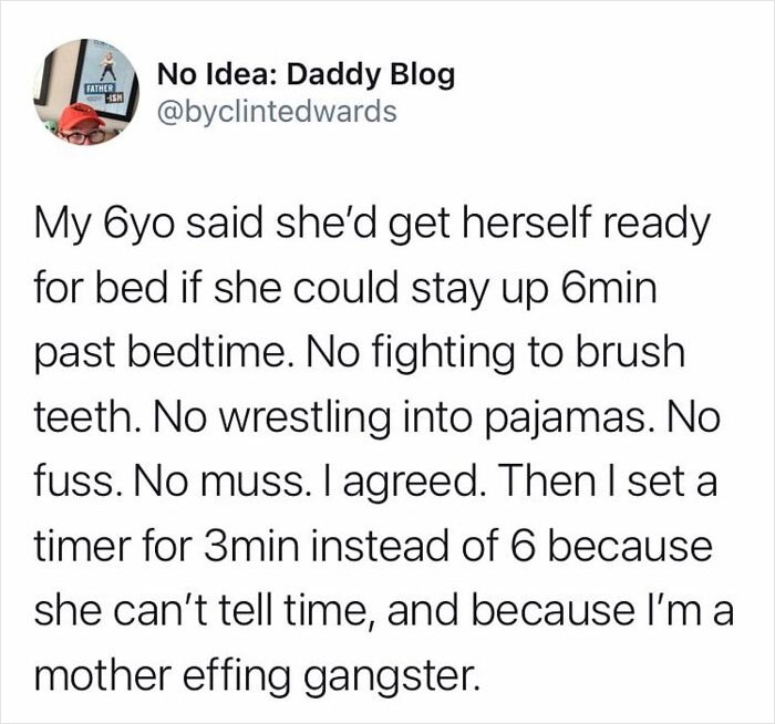 Parenting meme from "How To Be A Dad" account featuring a funny bedtime negotiation with a child.