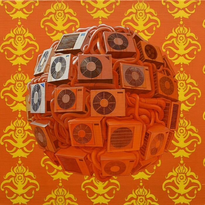 Surreal floating sphere made of air conditioners and pipes, representing post-apocalyptic urban cities with vibrant orange and yellow tones.