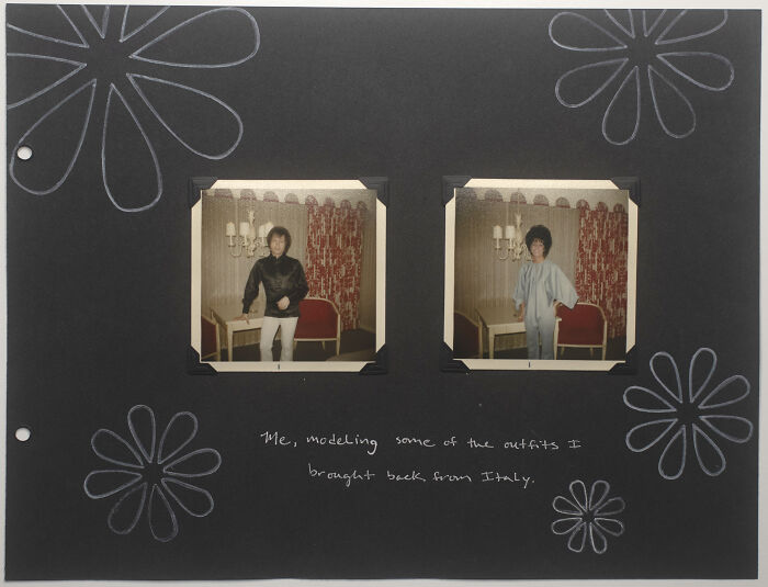 Two vintage photos of a person modeling outfits in a room with red curtains and floral patterns, related to an impossibly normal life.