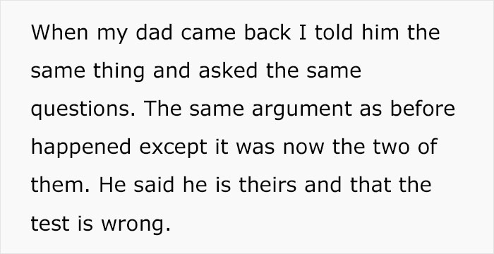 Text excerpt discussing family DNA test disagreement. Text excerpt discussing family DNA test disagreement.