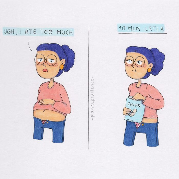 Cartoon by Bored Panda artist showing relatable moment of eating too much, then reaching for chips 10 minutes later.