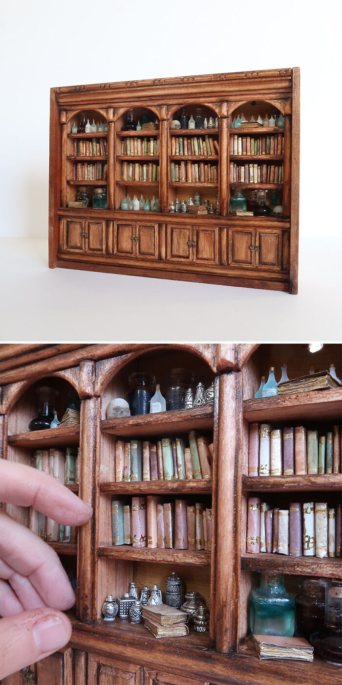 Miniature wooden bookshelf with tiny ornate jars and books, crafted by Tamar Cohen.