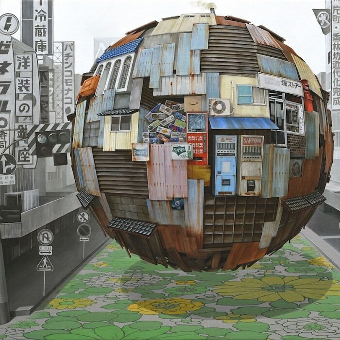 Surreal floating sphere made of urban city elements, depicting a post-apocalyptic cityscape with detailed buildings and signs.