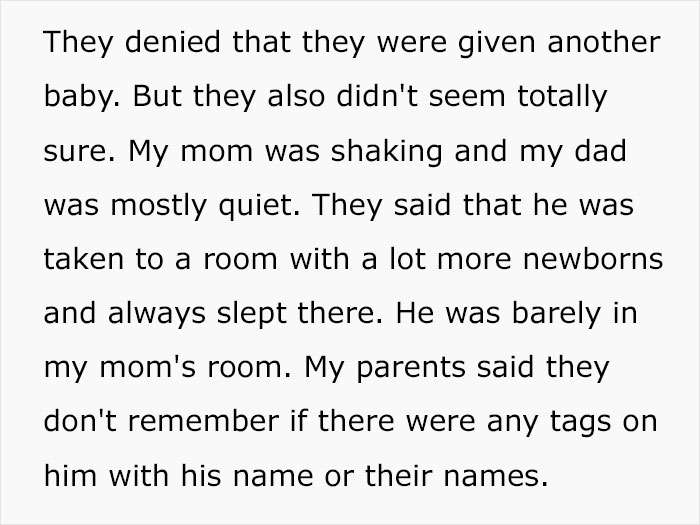 Text describing a family’s confusion and uncertainty about a baby's identity in a room full of newborns. Text describing a family’s confusion and uncertainty about a baby's identity in a room full of newborns.