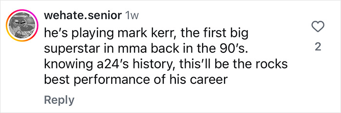 Comment discussing Dwayne Johnson's role as Mark Kerr, an MMA star, highlighting it as potentially his best performance. Comment discussing Dwayne Johnson's role as Mark Kerr, an MMA star, highlighting it as potentially his best performance.