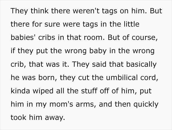 Text about family DNA mix-up, mentioning babies and crib tags in a maternity ward. Text about family DNA mix-up, mentioning babies and crib tags in a maternity ward.
