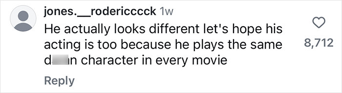 Comment discussing Dwayne Johnson's new appearance and acting style, expressing hope for diverse roles. Comment discussing Dwayne Johnson's new appearance and acting style, expressing hope for diverse roles.