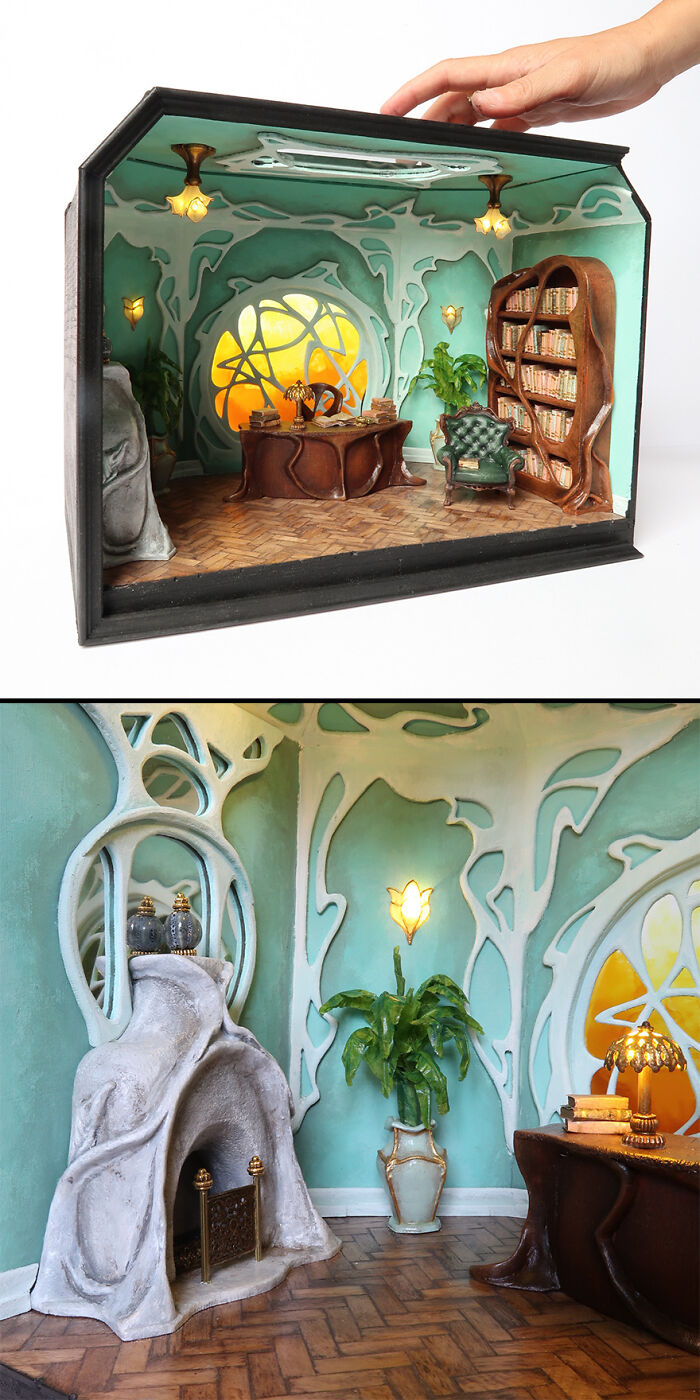 Miniatures by Tamar Cohen showcase a detailed tiny room with a round window, ornate fireplace, and bookshelf.