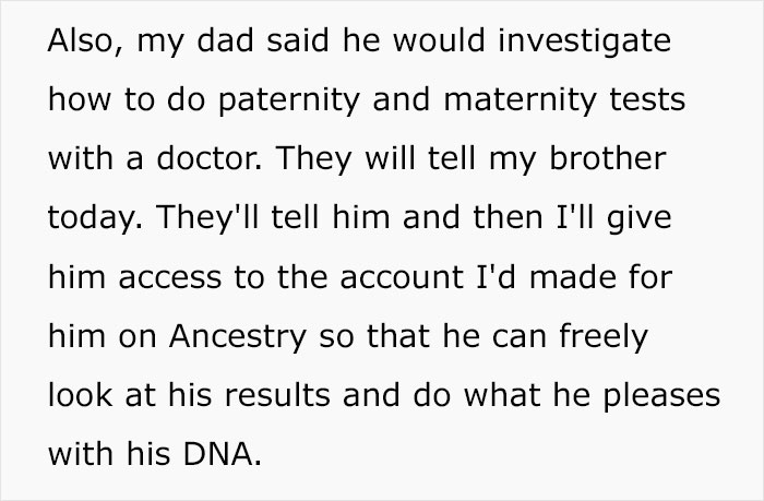 Text discussing paternity and maternity tests and DNA results for a family member. Text discussing paternity and maternity tests and DNA results for a family member.