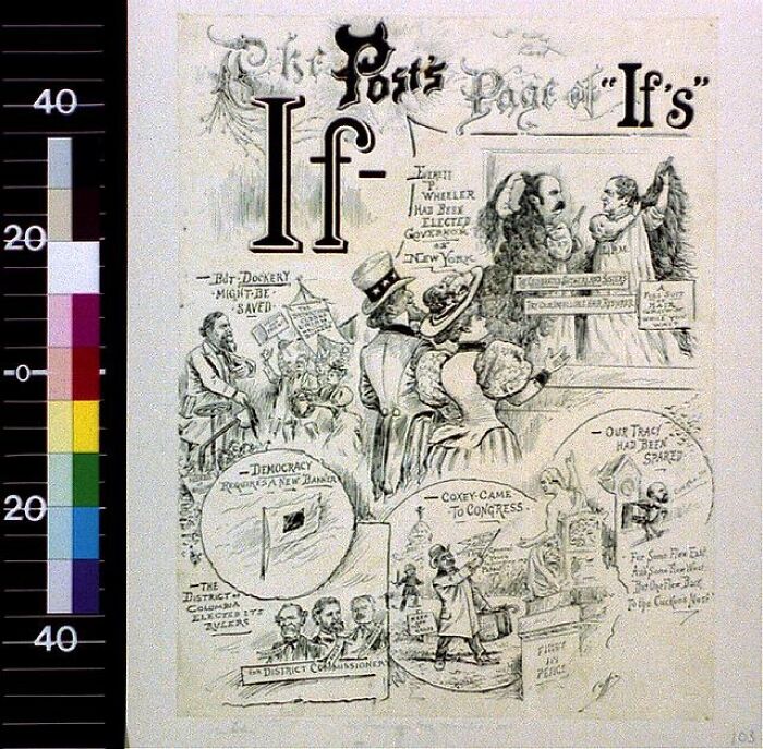 1800s political cartoon depicting social and political themes, illustrating how much the world has changed over time.