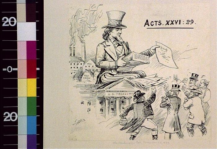 1800s cartoon depicting a man in a top hat with bonds and papers above the U.S. Treasury building, showing historical change.