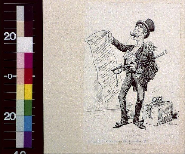 Vintage cartoon from the 1800s depicting a man with travel gear and a long list, showcasing historical world changes.