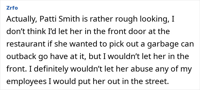 Text exchange criticizing punk rock legend Patti Smith's demeanor at NYC restaurants. Text exchange criticizing punk rock legend Patti Smith's demeanor at NYC restaurants.