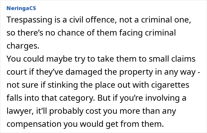 Text discussing civil vs. criminal offence of trespassing and property damage costs. Text discussing civil vs. criminal offence of trespassing and property damage costs.