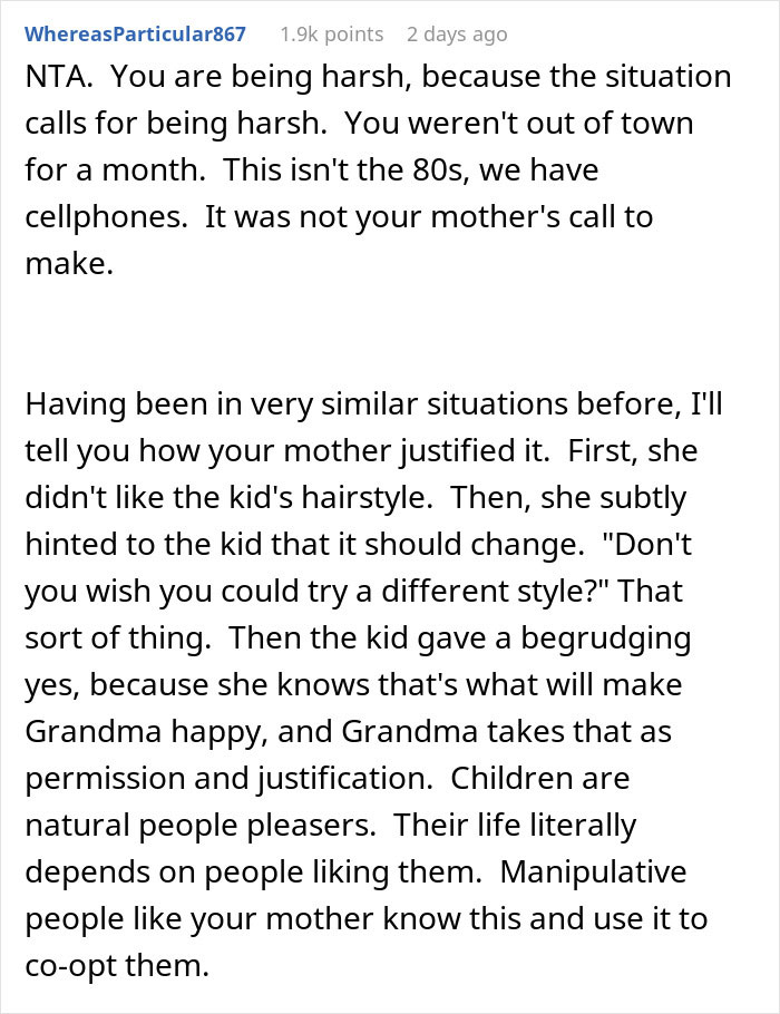 Text conversation discussing consequences of MIL cutting a child's hair without permission. Text conversation discussing consequences of MIL cutting a child's hair without permission.