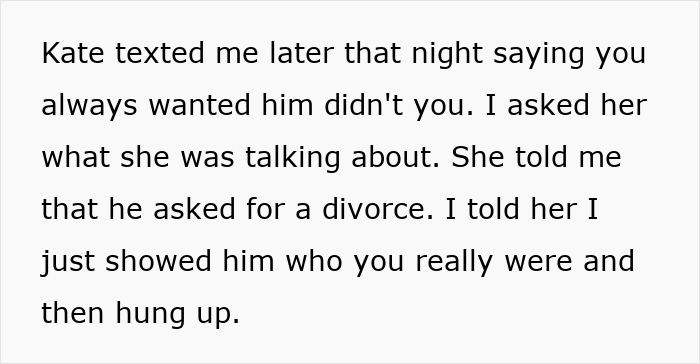 Text screenshot describing a conversation about a divorce and a revealing moment related to wedding anxiety. Text screenshot describing a conversation about a divorce and a revealing moment related to wedding anxiety.