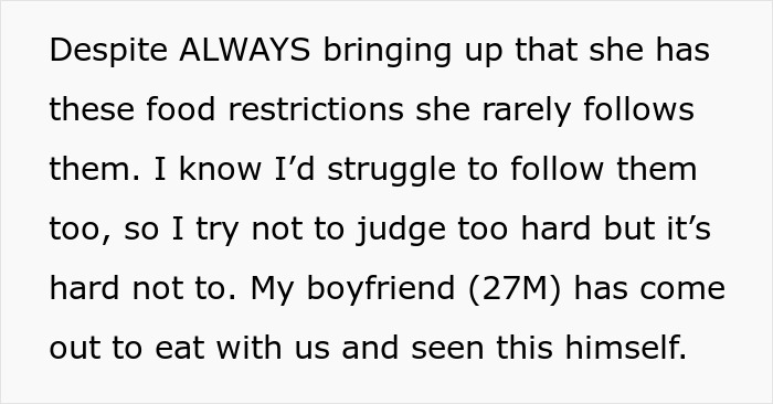 Text discussing food restrictions, with focus on diet inconsistencies witnessed by the narrator and her boyfriend. Text discussing food restrictions, with focus on diet inconsistencies witnessed by the narrator and her boyfriend.