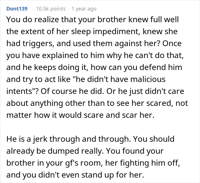 Text exchange about brother's prank on girlfriend, urging her boyfriend to defend her or consider a breakup. Text exchange about brother's prank on girlfriend, urging her boyfriend to defend her or consider a breakup.