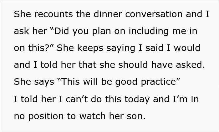 Babysitting miscommunication text detailing a conversation about unexpected childcare responsibilities between in-laws. Babysitting miscommunication text detailing a conversation about unexpected childcare responsibilities between in-laws.