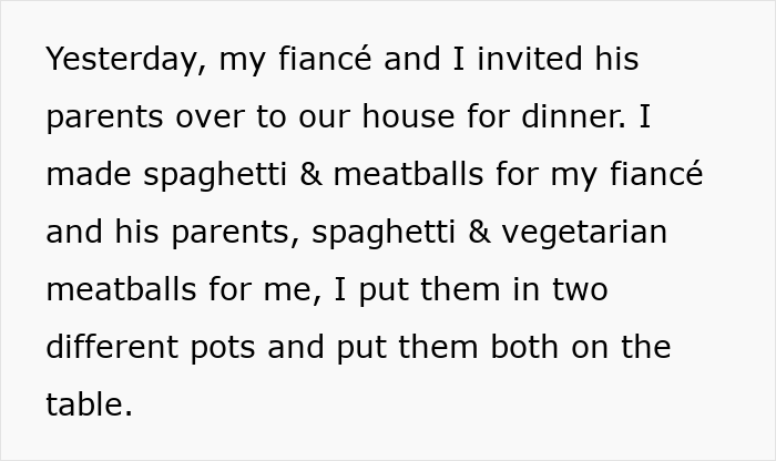 Text recounting dinner with fiancé's parents, featuring spaghetti and vegetarian meatballs. Text recounting dinner with fiancé's parents, featuring spaghetti and vegetarian meatballs.