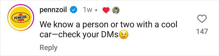 Pennzoil comment offering cool sports cars for a boy's B-Day surprise, prompting to check DMs. Pennzoil comment offering cool sports cars for a boy's B-Day surprise, prompting to check DMs.