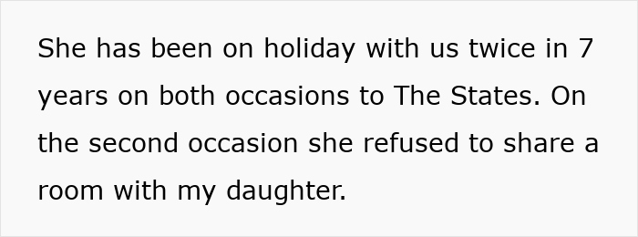 Text about stepdaughter holiday drama with stepmom refusing to share a room during family trips to The States. Text about stepdaughter holiday drama with stepmom refusing to share a room during family trips to The States.