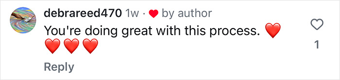 Comment from user debrareed470 praising a process, with multiple red heart emojis. Comment from user debrareed470 praising a process, with multiple red heart emojis.