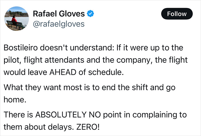 Tweet discussing flight attendants and pilot prioritizing ending shifts over avoiding flight delays during incidents involving passengers. Tweet discussing flight attendants and pilot prioritizing ending shifts over avoiding flight delays during incidents involving passengers.