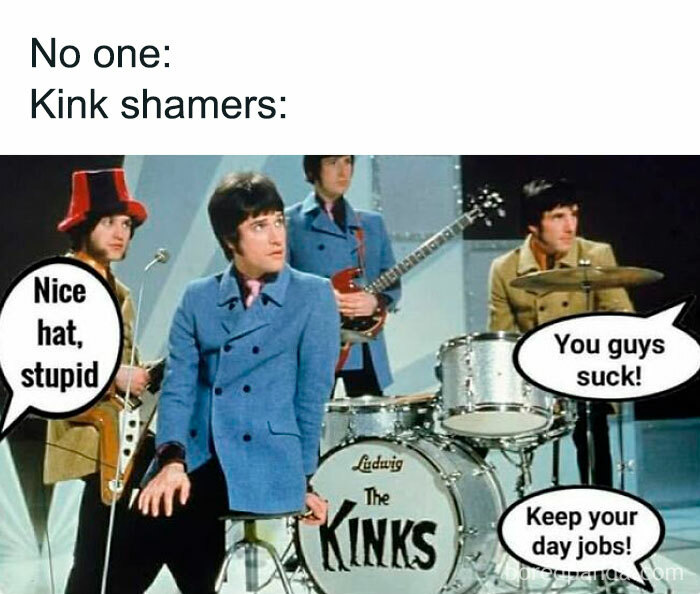 Band on stage with speech bubbles for literal meme humor.