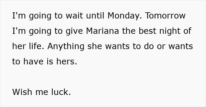 Text message about planning a special night, mentions giving Mariana the best night of her life. Text message about planning a special night, mentions giving Mariana the best night of her life.