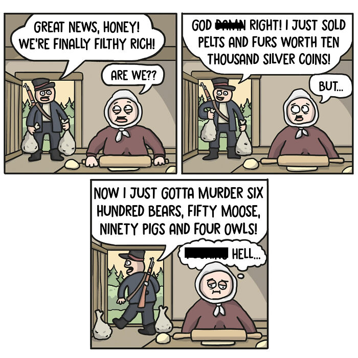 Norwegian cartoonist comic with satire on wealth and hunting in a humorous exchange between a couple.