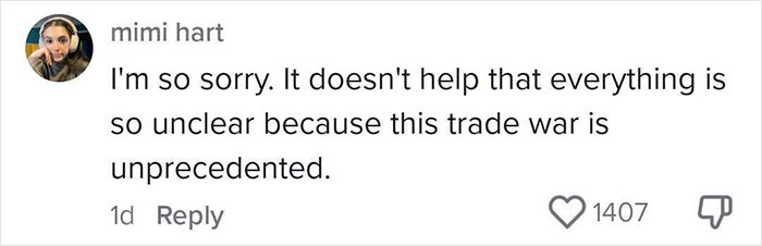 Comment expressing concern about the impact of new tariffs on a small business, mentioning unprecedented trade war. Comment expressing concern about the impact of new tariffs on a small business, mentioning unprecedented trade war.